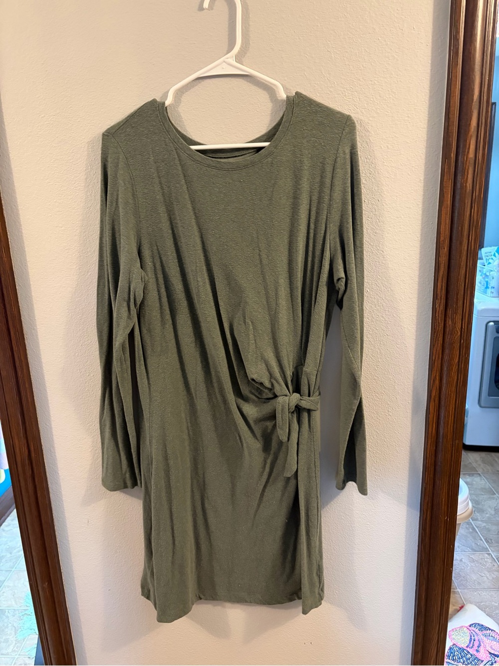 Aerie Knot-Detail Long Sleeve Dress in Olive Green